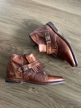 Bed Stu Women's Brown Leather Fringe Ankle Booties with Buckle